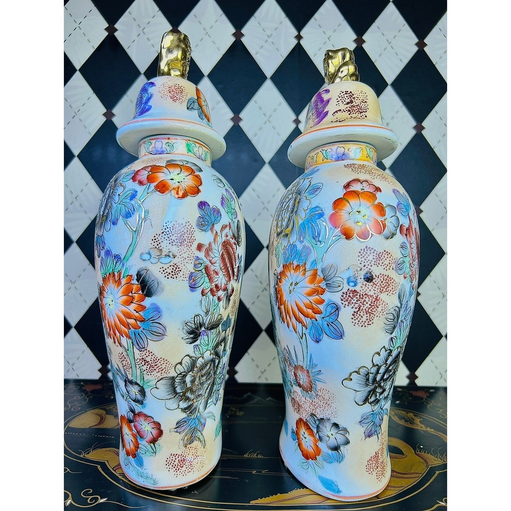 Vintage Chinoiserie Peacock Ginger Jars Gold Foo Dog Lid Pair 15.5" - Picture 9 of 17